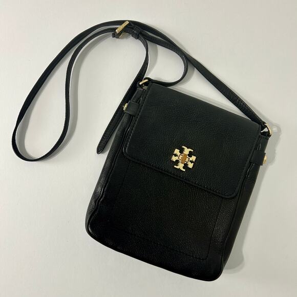 Tory Burch Black Pebbled Leather Crossbody Bag Gold Hardware FLAW Flap Turnlock - Picture 1 of 16